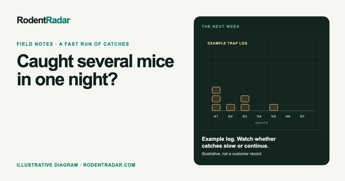 Illustrative seven-night trap log with example catches marked by night, showing how to read whether catches slow down or continue.