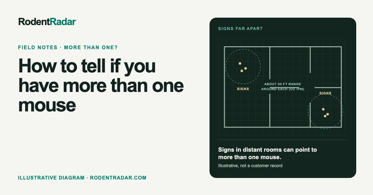 Illustrative floorplan with signs found in two rooms far apart and a dashed 30-foot circle around each, showing why distant signs can point to more than one mouse.