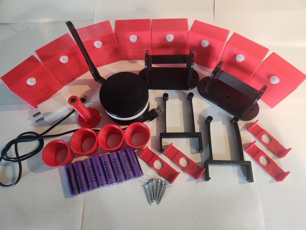 RodentRadar Kit — base station, 8 sensors, batteries, mounts, and accessories